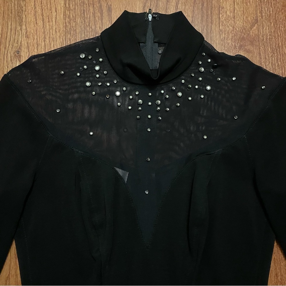 Tadashi Black Long Sleeve Rhinestone Embellished Mesh Thong Bodysuit size M - Picture 2 of 14